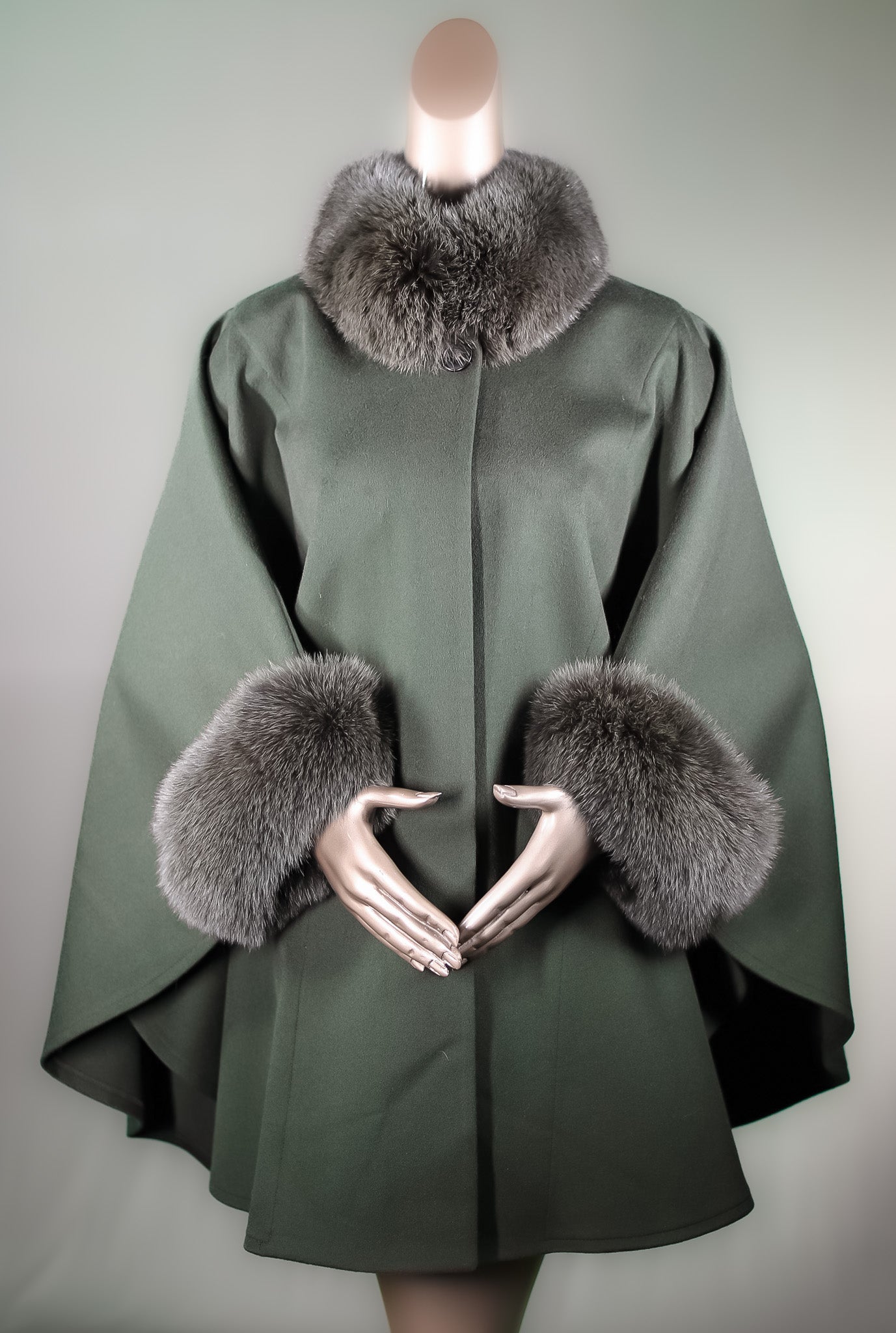 Italian Loro Piana Woven Wool Cape with Fox Collar and Cuffs