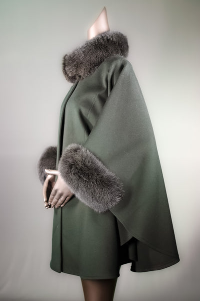 Italian Loro Piana Woven Wool Cape with Fox Collar and Cuffs