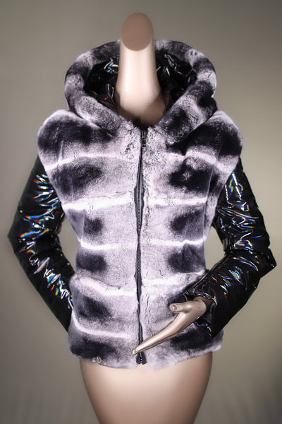 Chinchilla Rex Rabbit Hooded Jacket with Iridescent Rainwear