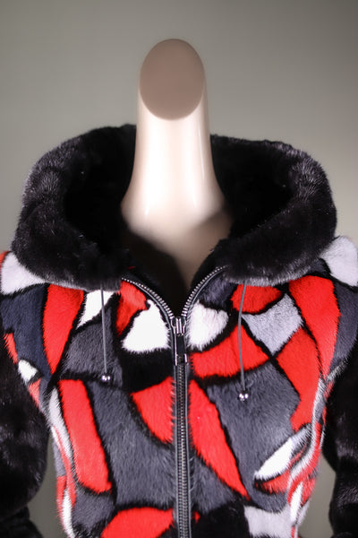 Picasso-Patterned Mink Hooded Jacket