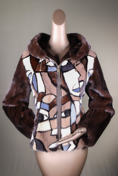 Picasso-Patterned Mink Hooded Jacket