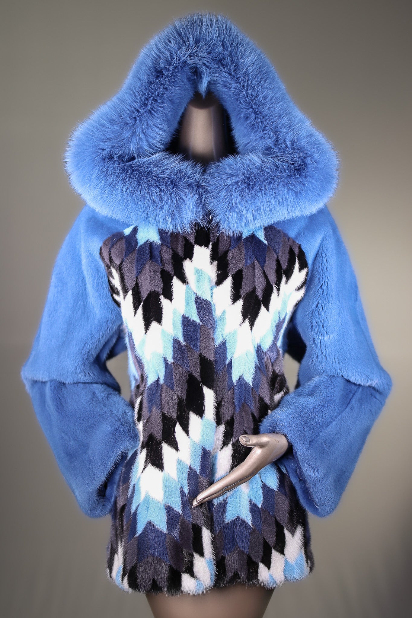 Multi-Colored Diamond Patterned Mink Parka with Fox Ruff