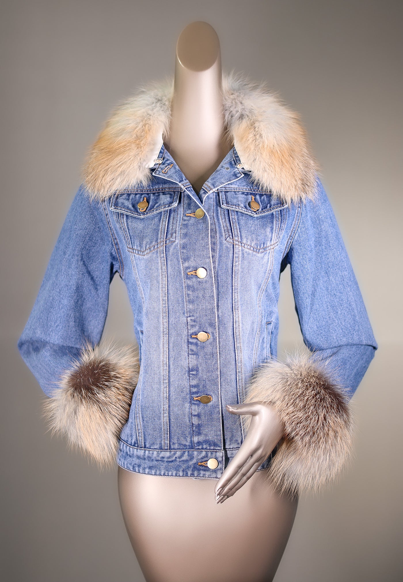 Denim Jacket with Golden Isle Fox Collar and Cuffs