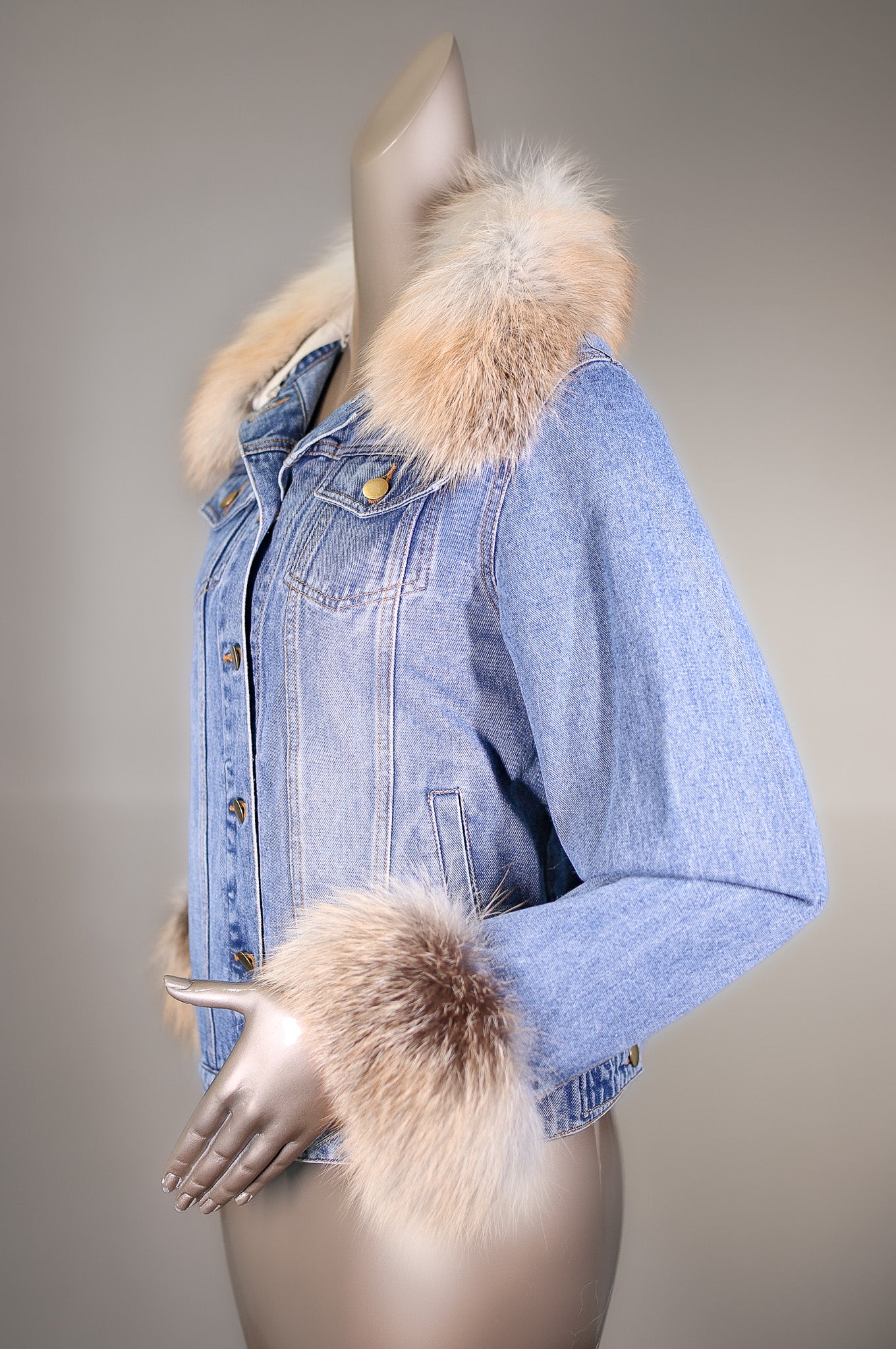 Denim Jacket with Golden Isle Fox Collar and Cuffs