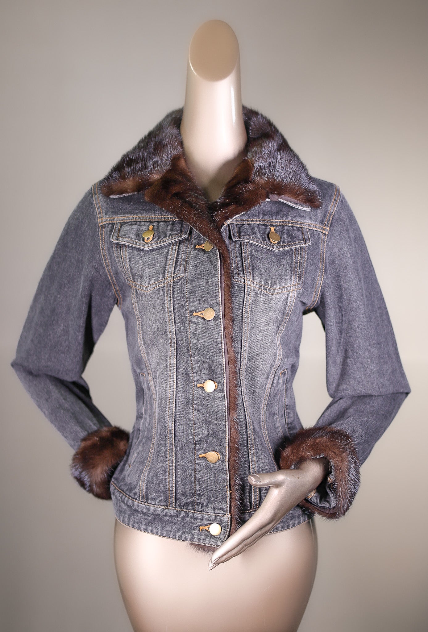 Dark Denim Jacket with Natural Mahogany Mink Tuxedo and Cuffs