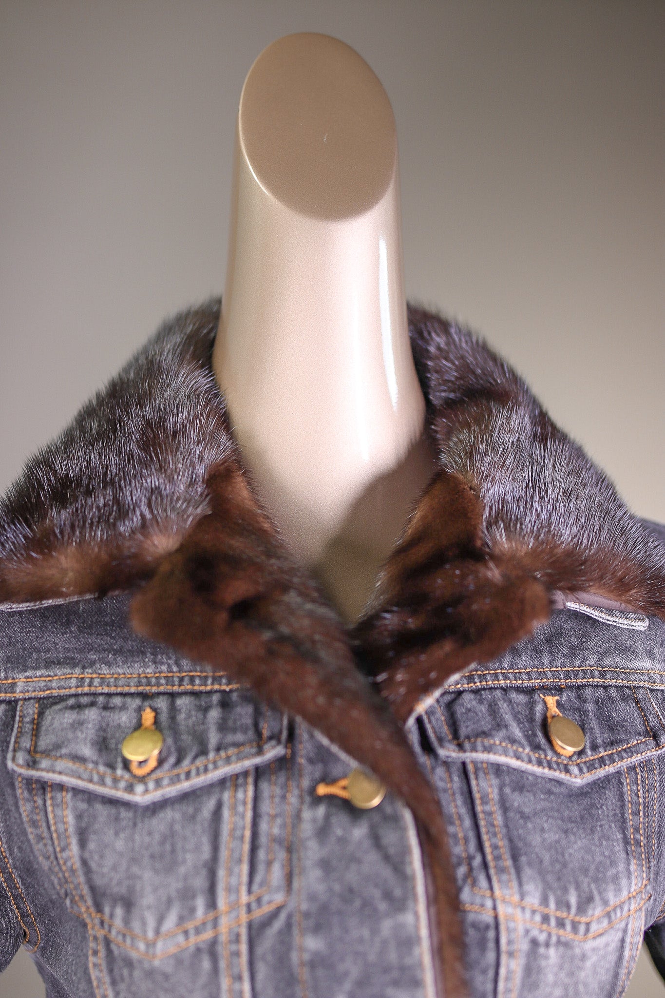 Dark Denim Jacket with Natural Mahogany Mink Tuxedo and Cuffs