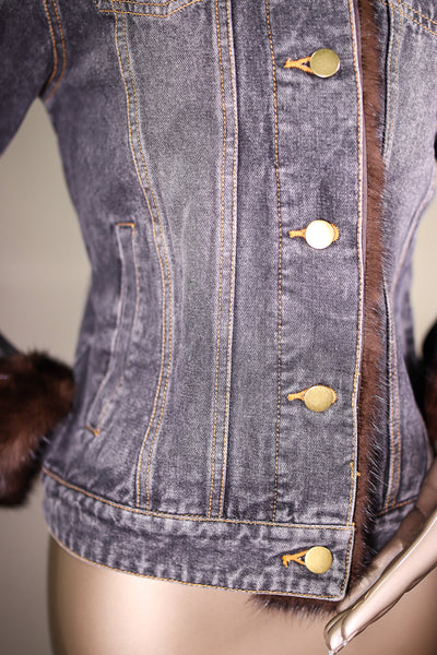 Dark Denim Jacket with Natural Mahogany Mink Tuxedo and Cuffs