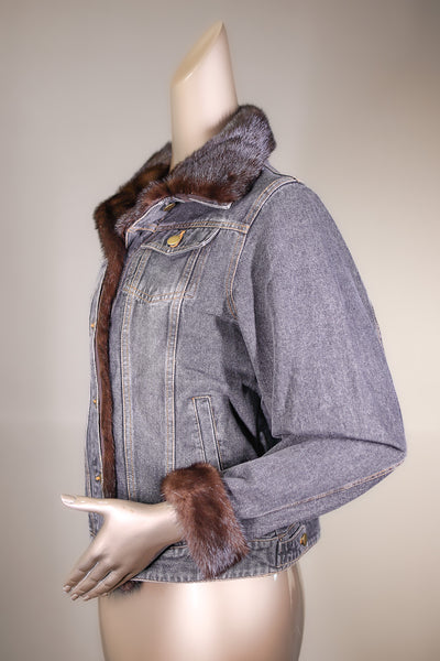 Dark Denim Jacket with Natural Mahogany Mink Tuxedo and Cuffs