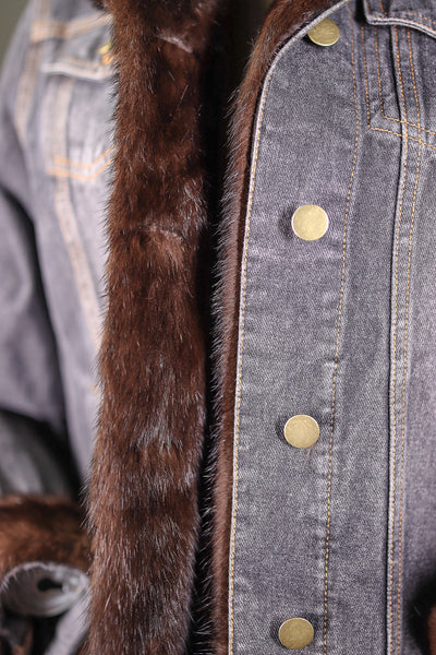 Dark Denim Jacket with Natural Mahogany Mink Tuxedo and Cuffs