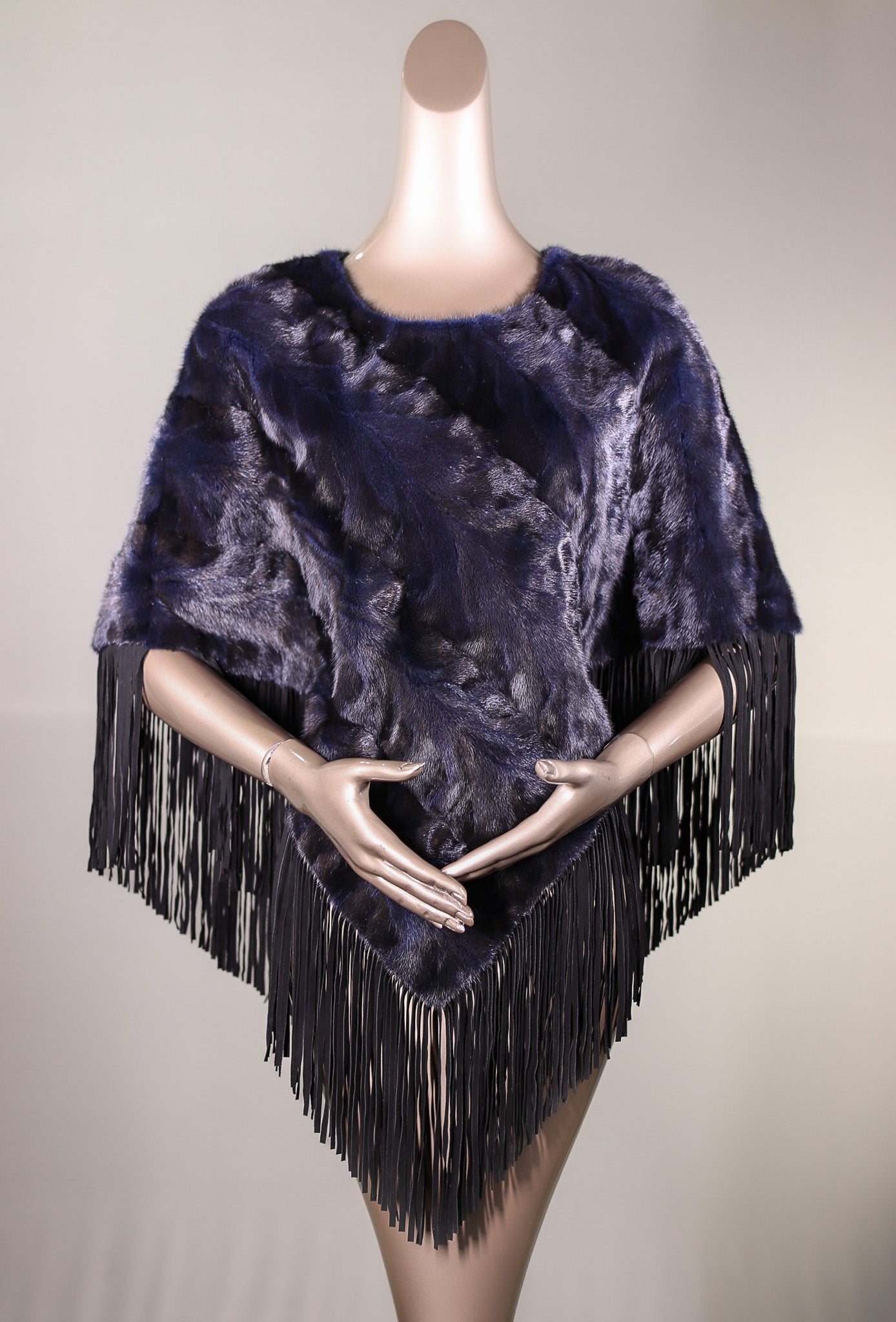 Diagonal-Cut Sectional Mink Poncho with Suede Fringes