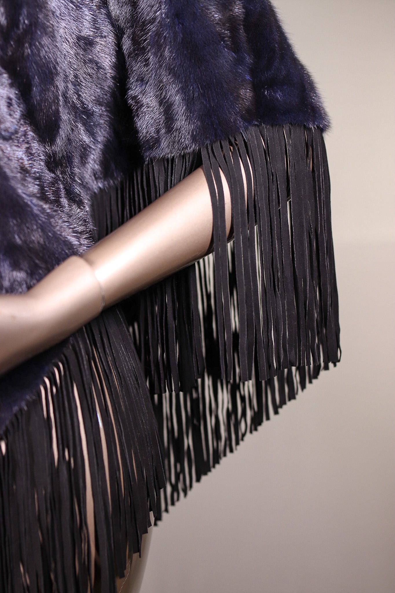 Diagonal-Cut Sectional Mink Poncho with Suede Fringes