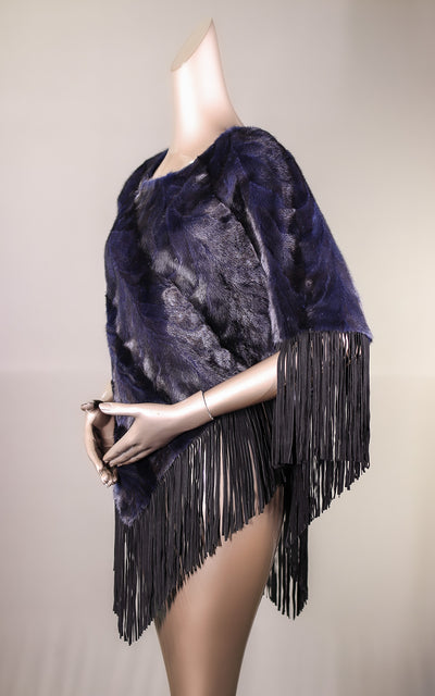 Diagonal-Cut Sectional Mink Poncho with Suede Fringes