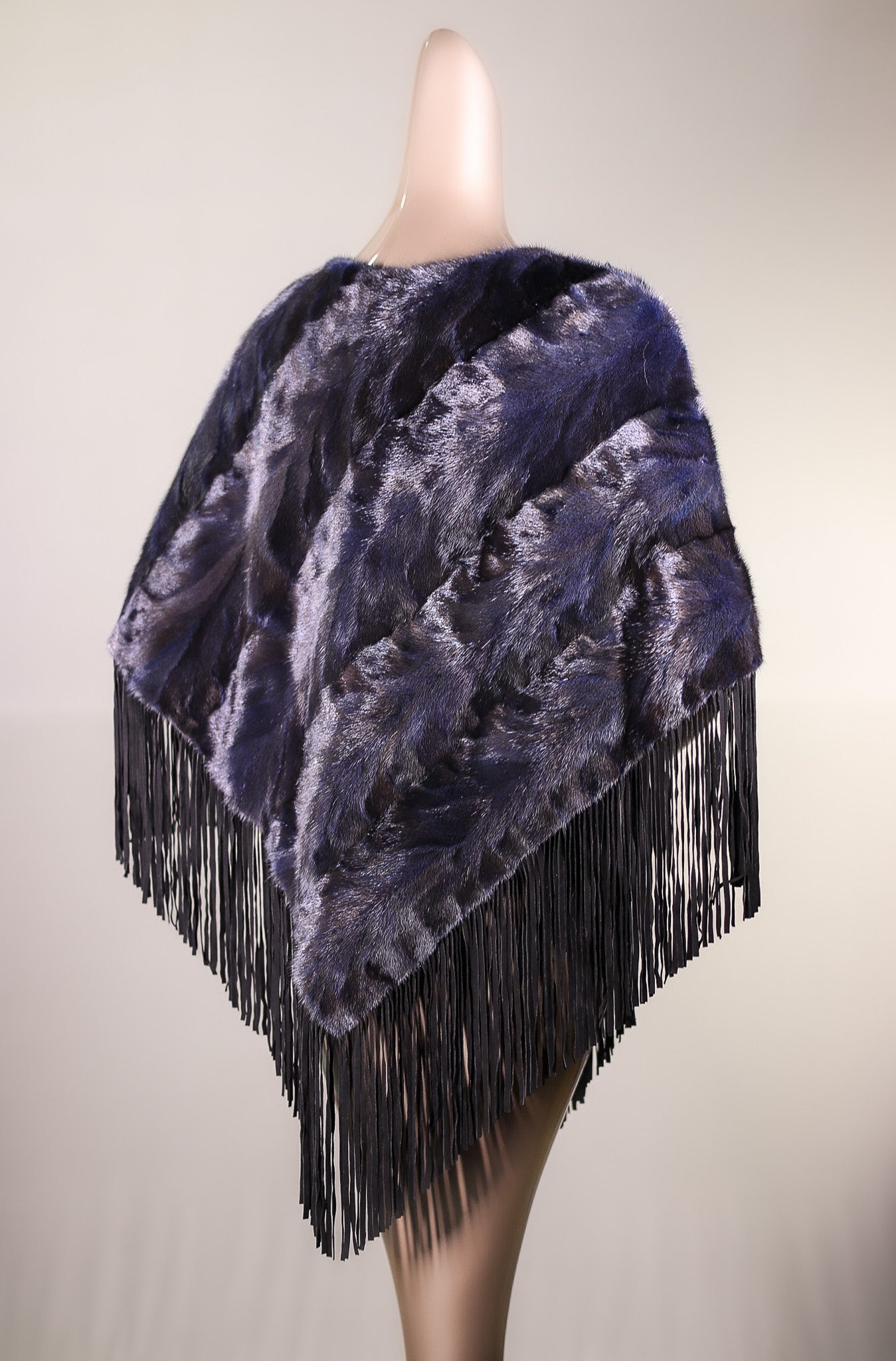 Diagonal-Cut Sectional Mink Poncho with Suede Fringes