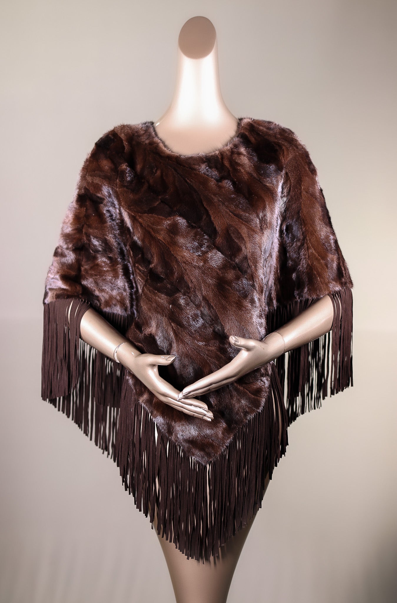 Diagonal-Cut Sectional Mink Poncho with Suede Fringes