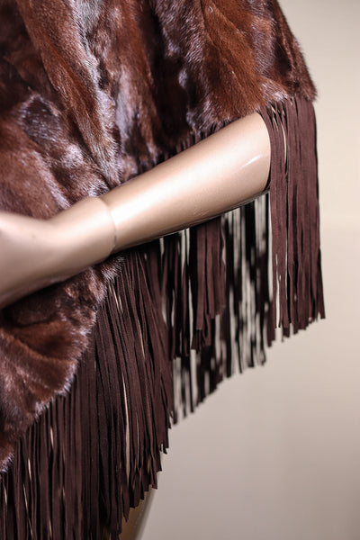 Diagonal-Cut Sectional Mink Poncho with Suede Fringes