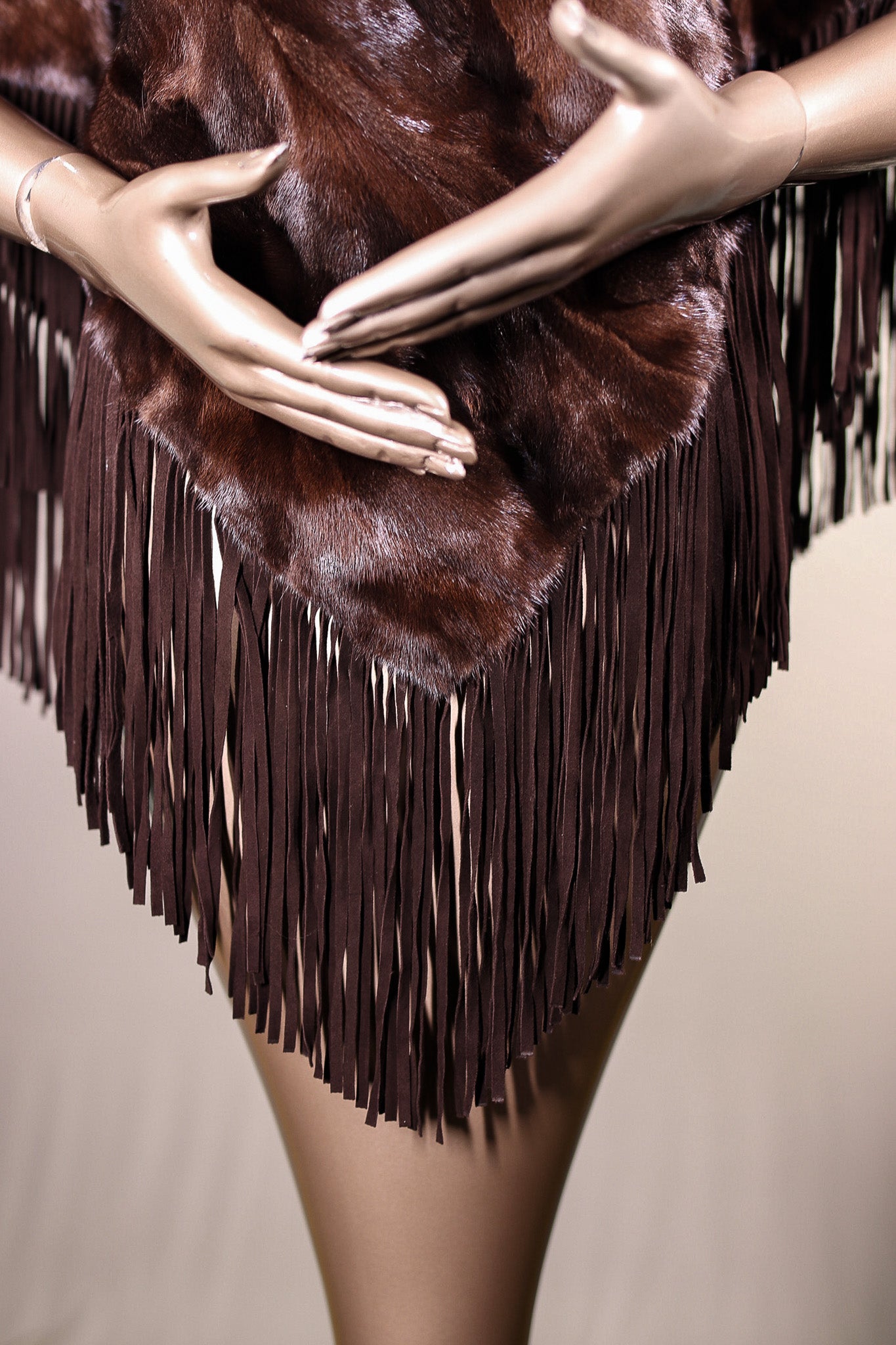 Diagonal-Cut Sectional Mink Poncho with Suede Fringes