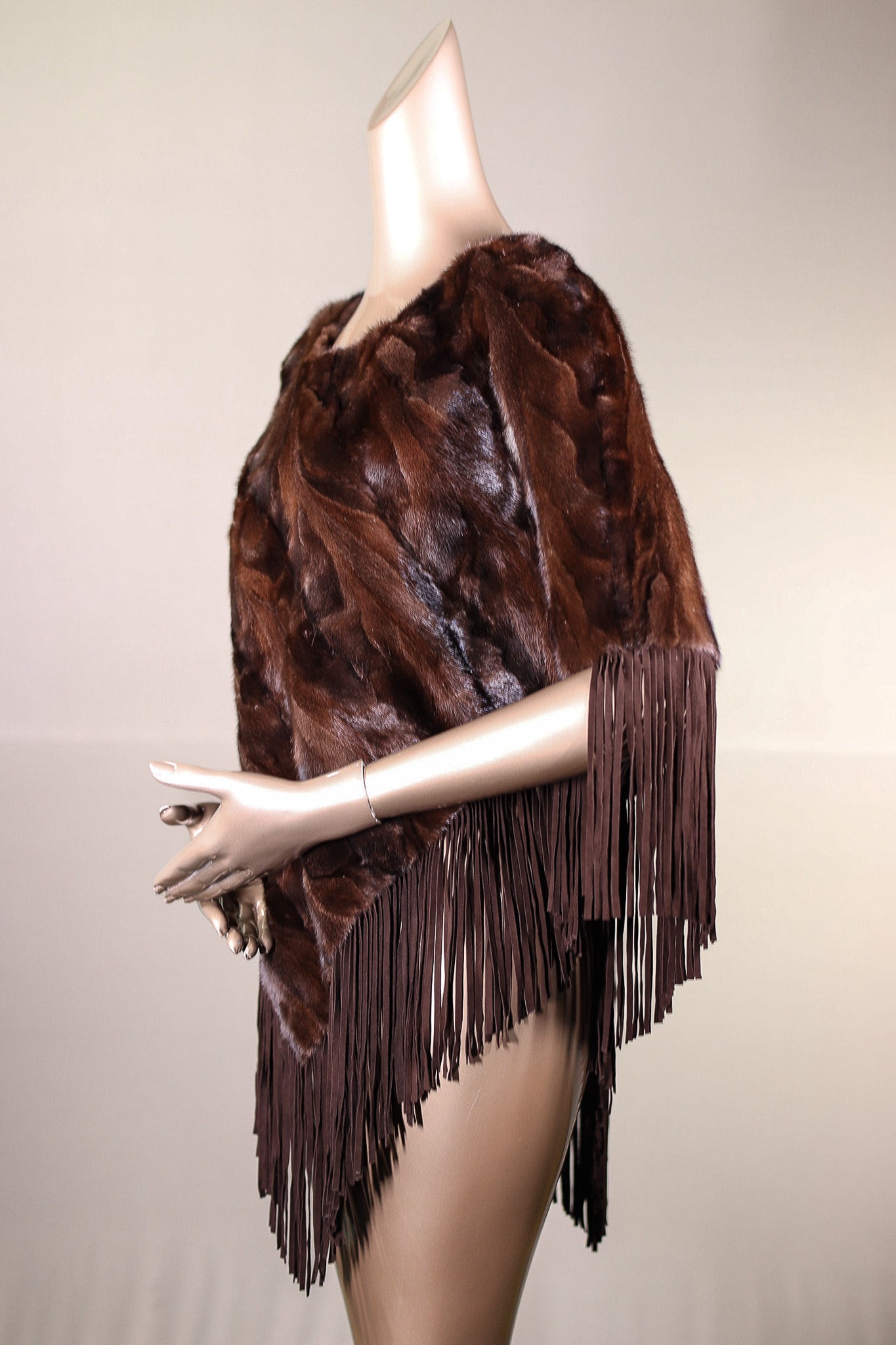 Diagonal-Cut Sectional Mink Poncho with Suede Fringes