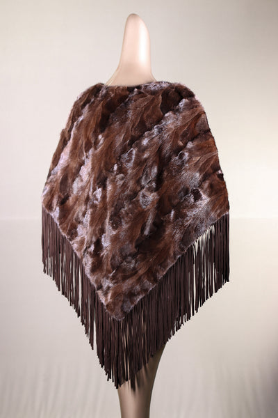 Diagonal-Cut Sectional Mink Poncho with Suede Fringes