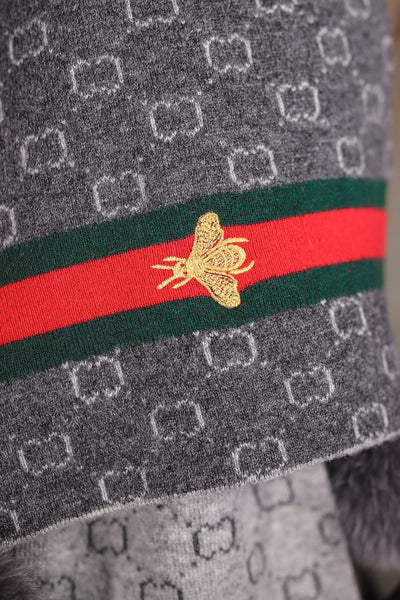 Two-Tone Wool Gucci-Inspired Monogrammed Scarf with Fox Pom-Poms