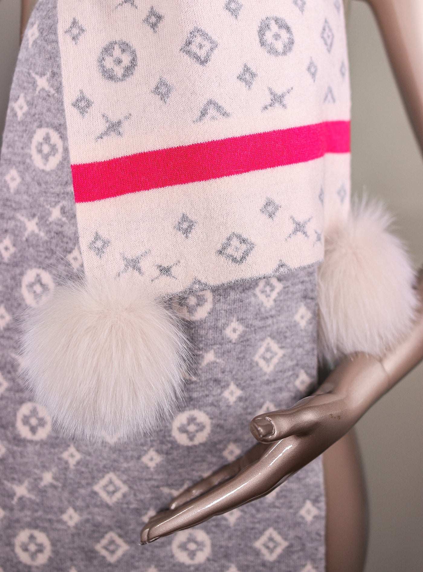 Two-Tone Louis Vuitton-Inspired Wool Scarf with Fox Pom-Pom