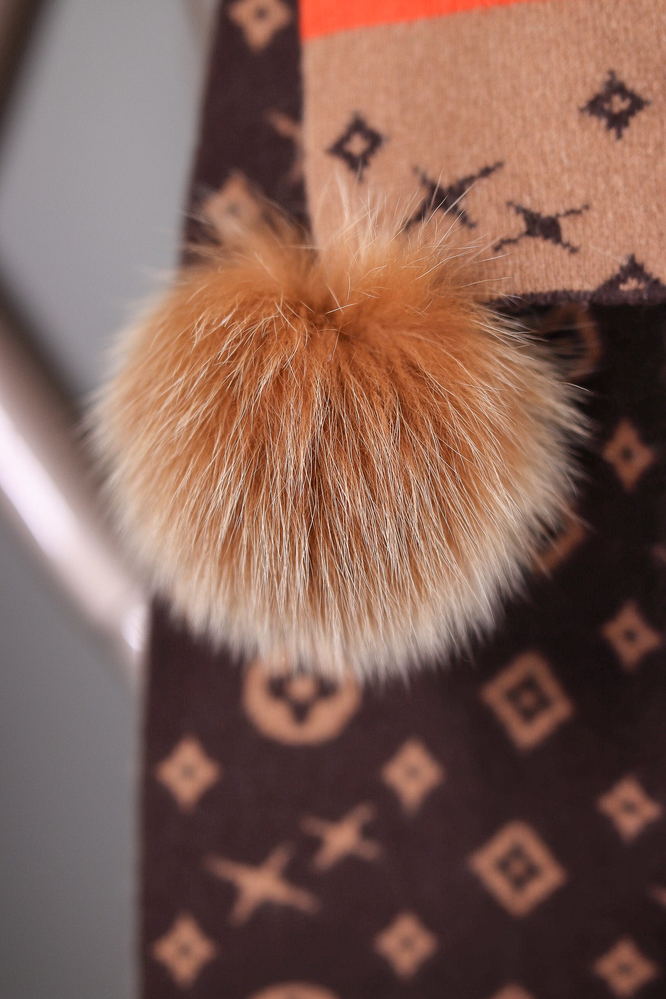 Two-Tone Louis Vuitton-Inspired Wool Scarf with Fox Pom-Pom