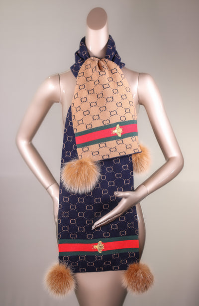 Two-Tone Wool Gucci-Inspired Monogrammed Scarf with Fox Pom-Poms