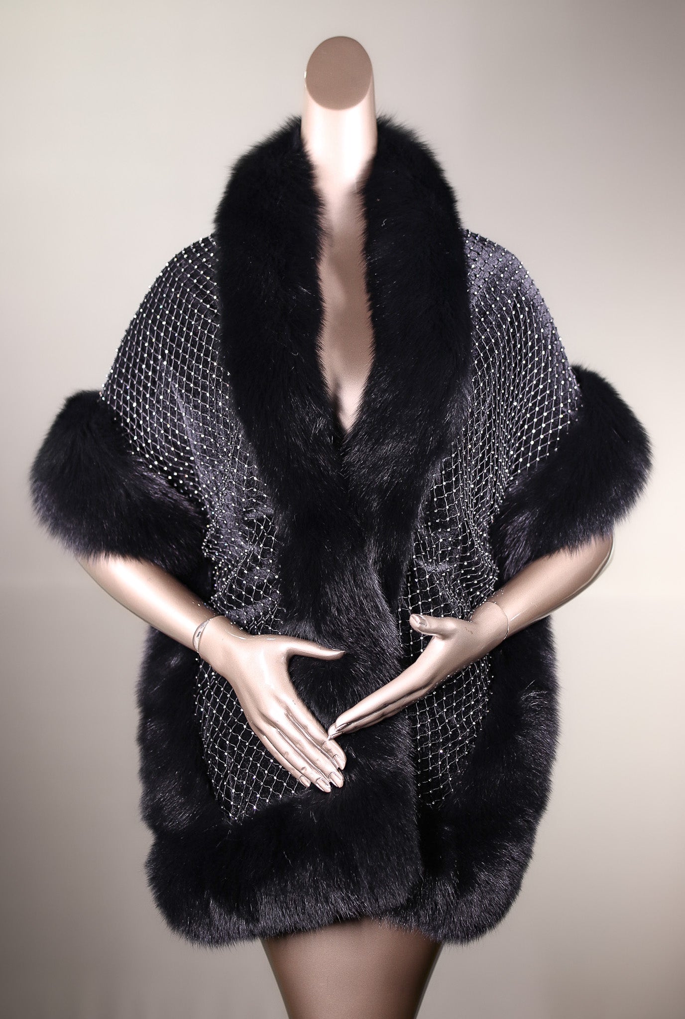 Velvet and Rhinestone-Netting Cape with Fox Trimming