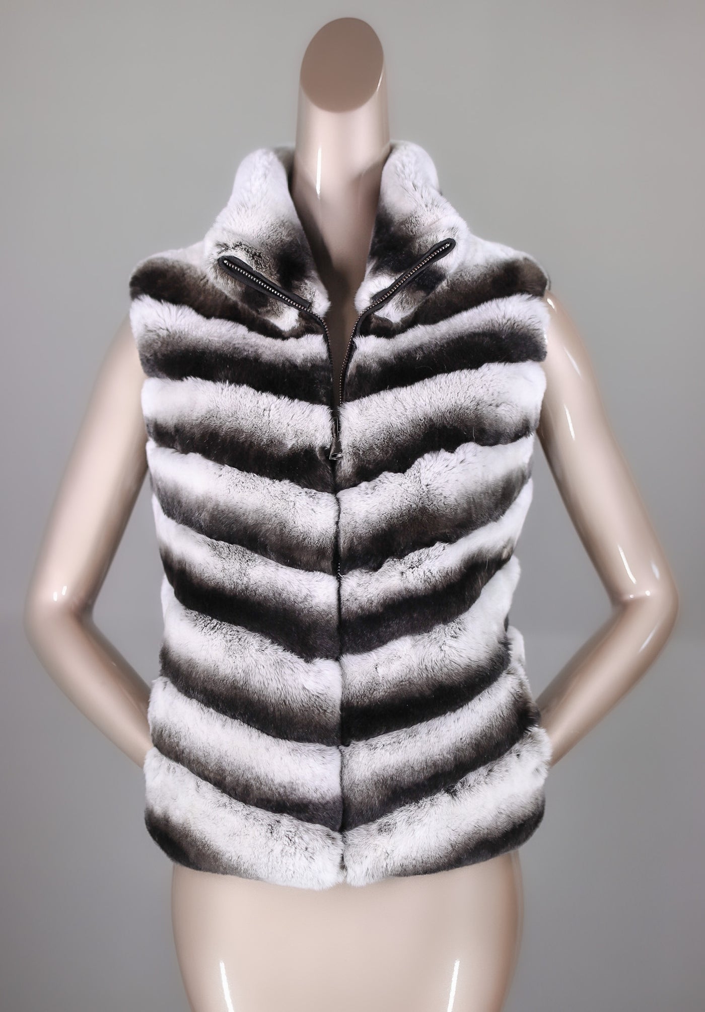 Chevron-Cut Chinchilla Rex Rabbit Vest Reversible to Puffer