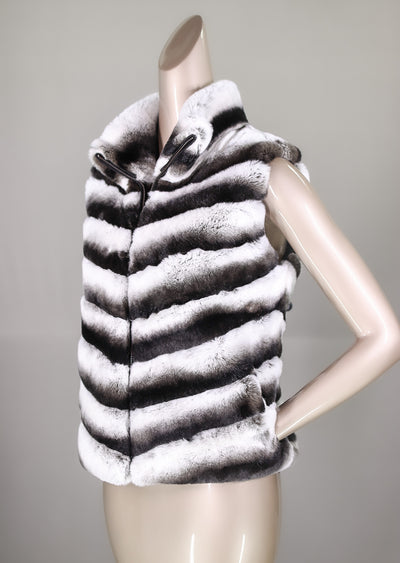 Chevron-Cut Chinchilla Rex Rabbit Vest Reversible to Puffer