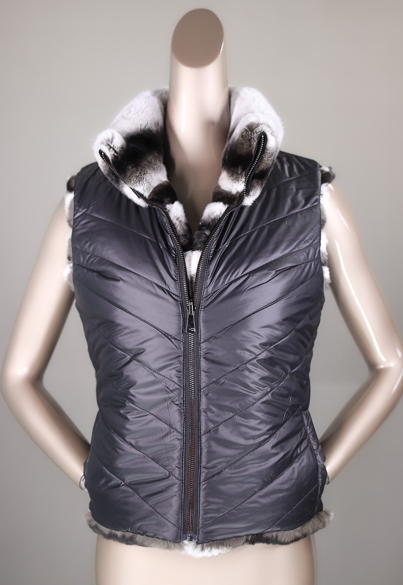 Chevron-Cut Chinchilla Rex Rabbit Vest Reversible to Puffer