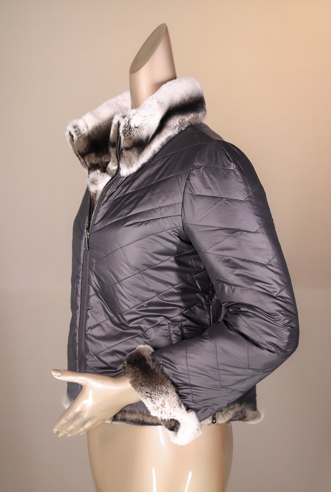 Chinchilla REX Rabbit Chevron-Paneled Reversible Jacket