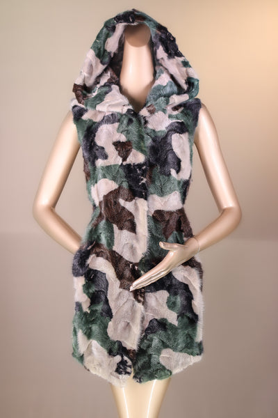 Camo Sectional Mink Hooded Vest Reversible to Taffeta Rainwear