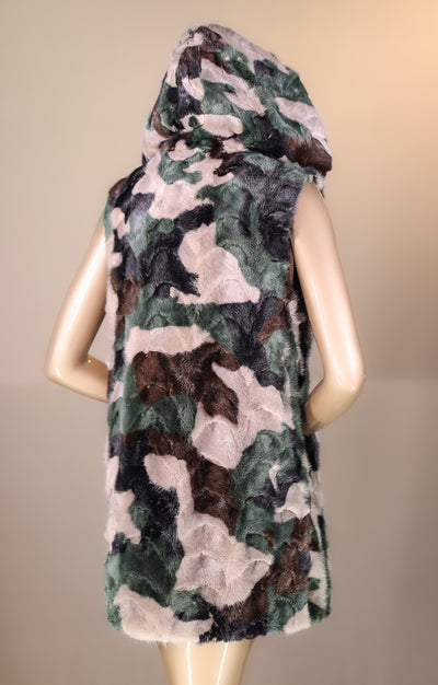 Camo Sectional Mink Hooded Vest Reversible to Taffeta Rainwear