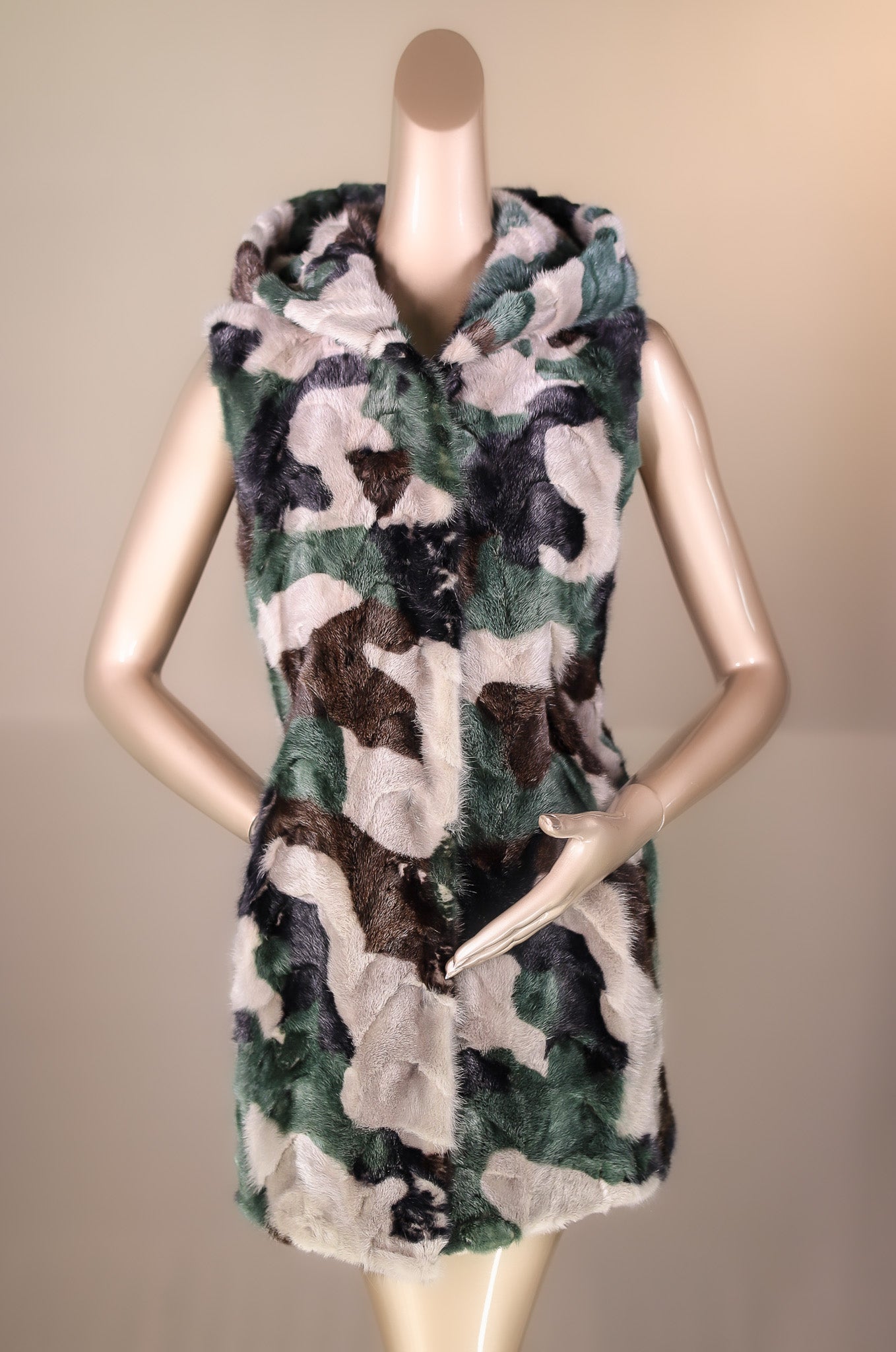 Camo Sectional Mink Hooded Vest Reversible to Taffeta Rainwear