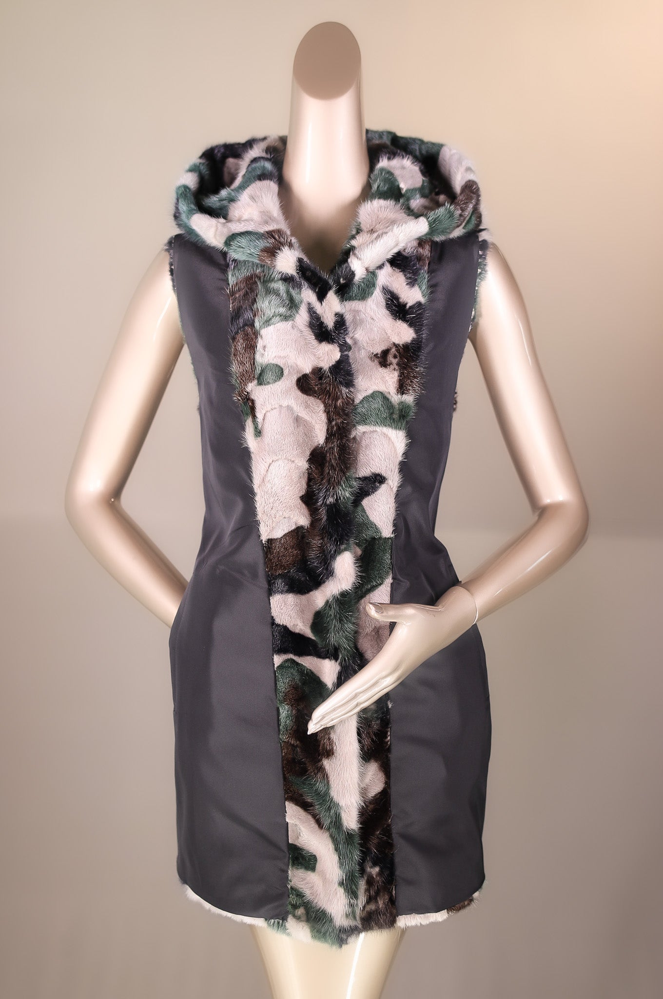 Camo Sectional Mink Hooded Vest Reversible to Taffeta Rainwear