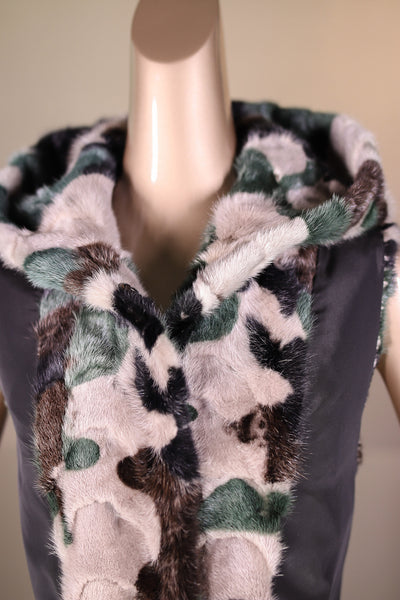 Camo Sectional Mink Hooded Vest Reversible to Taffeta Rainwear