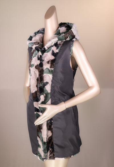 Camo Sectional Mink Hooded Vest Reversible to Taffeta Rainwear