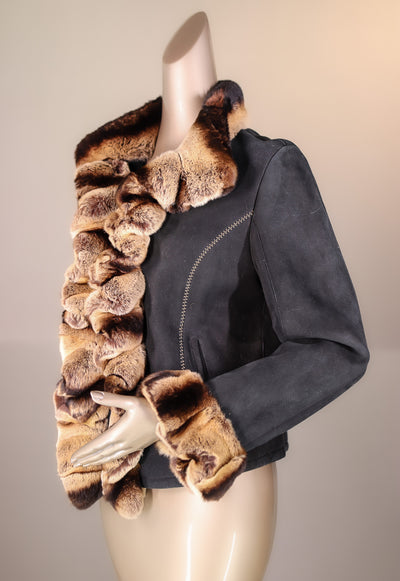 Fitted Shearling Jacket with Chinchilla Rex Rabbit Ruffle Trim