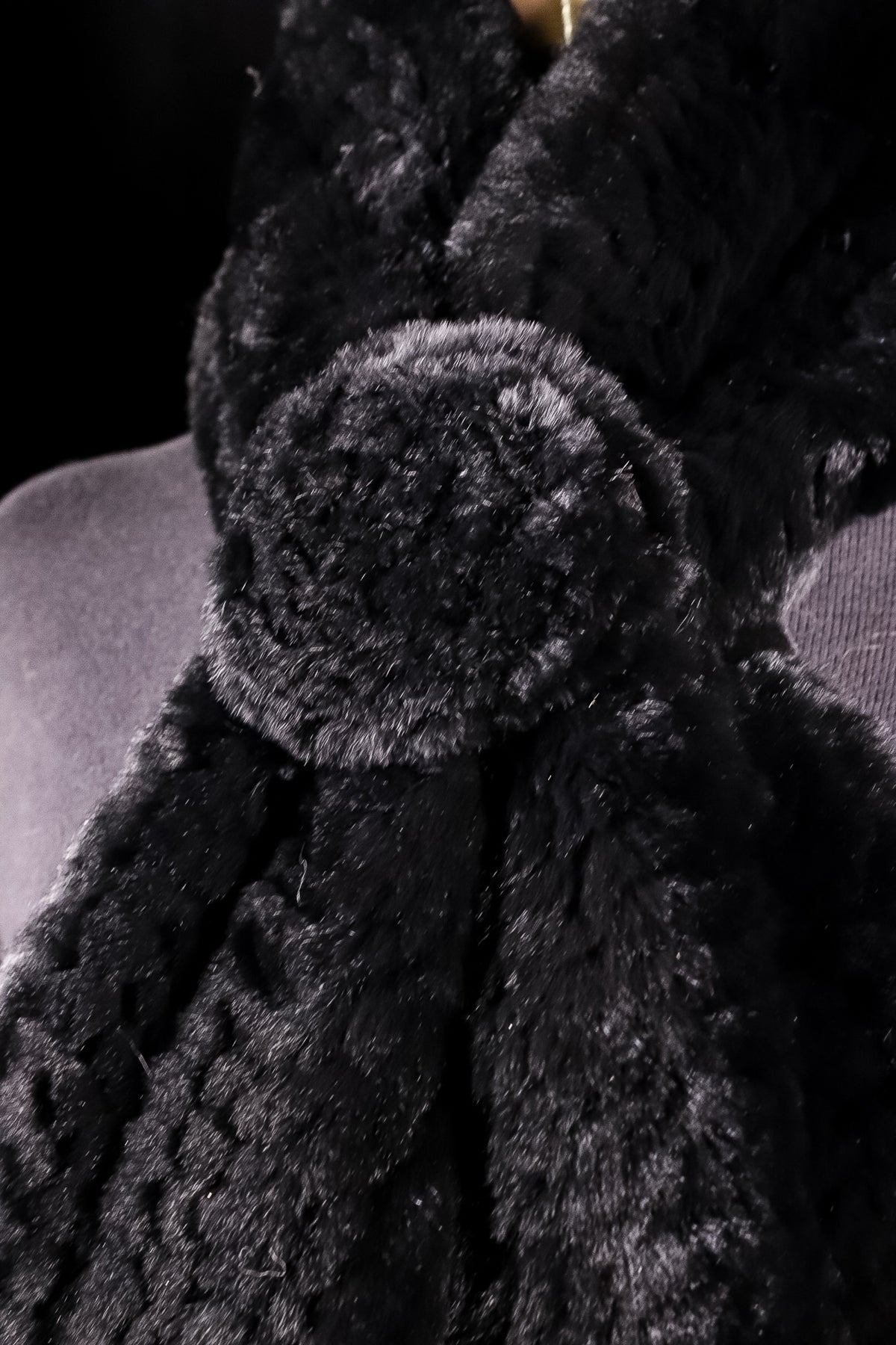 Men's Black Knit Rex Rabbit Fur Scarf with Tassels