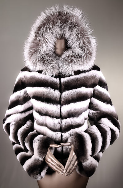 Chinchilla REX Rabbit Chevron-Paneled Hooded Reversible Jacket